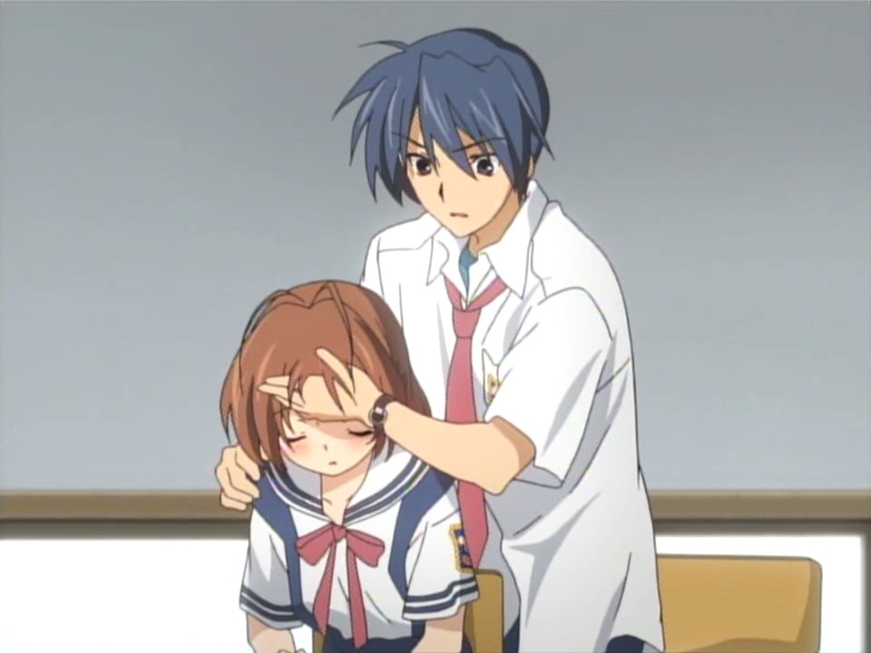 Clannad. Nagisa had to quit her job and Tomoya worked so much