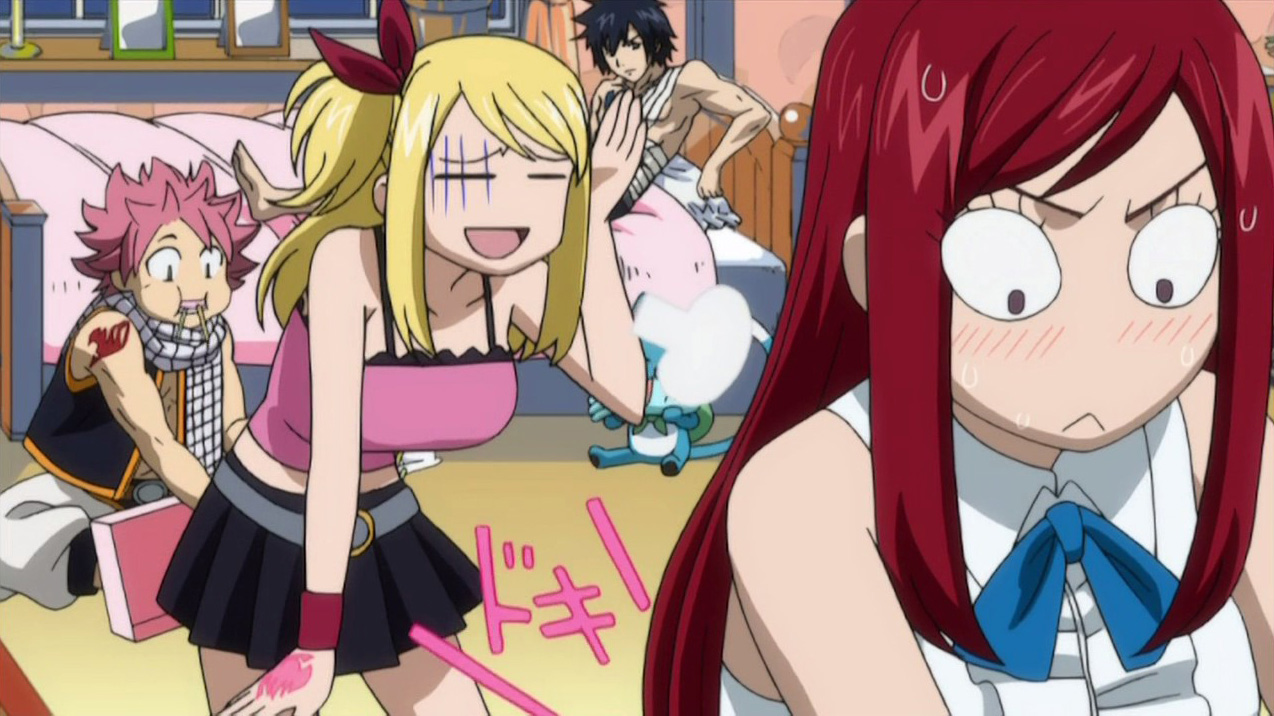 Lucy, Natsu, Erza, and Gray return from a job to find the Fairy Tail guild ...
